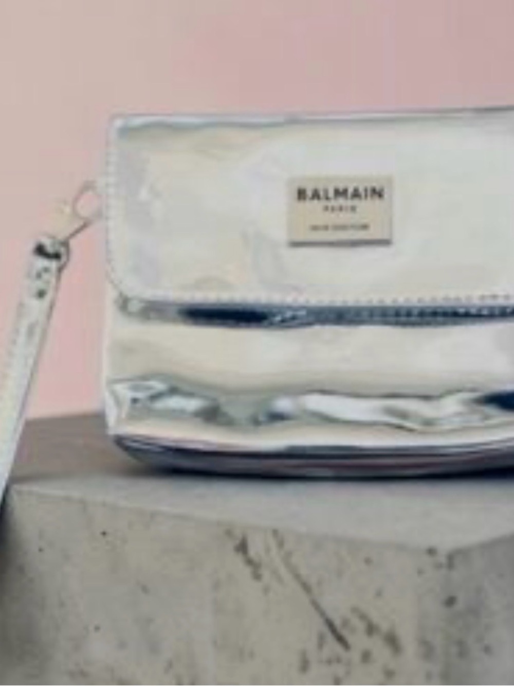 Balmain Silver Mirror  Metallic Zip Cosmetic Case wristlet evening bag